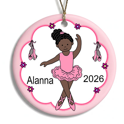 Ballet or Dance Christmas Ornament - Ballerina Design - Black / African American w/Dark Skin