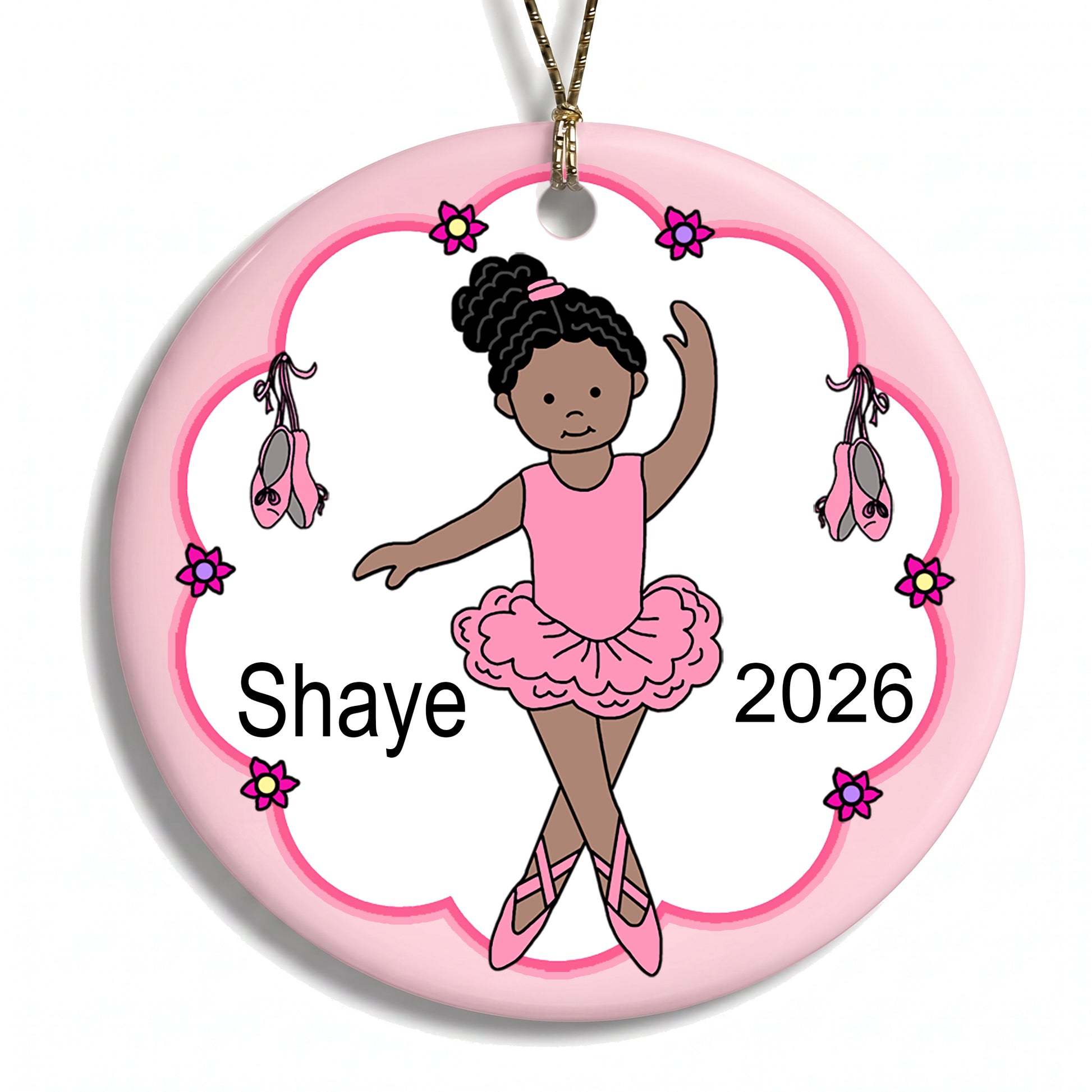 Ballet or Dance Christmas Ornament - Ballerina Design - Biracial or Black/African American Girl with Medium Skin