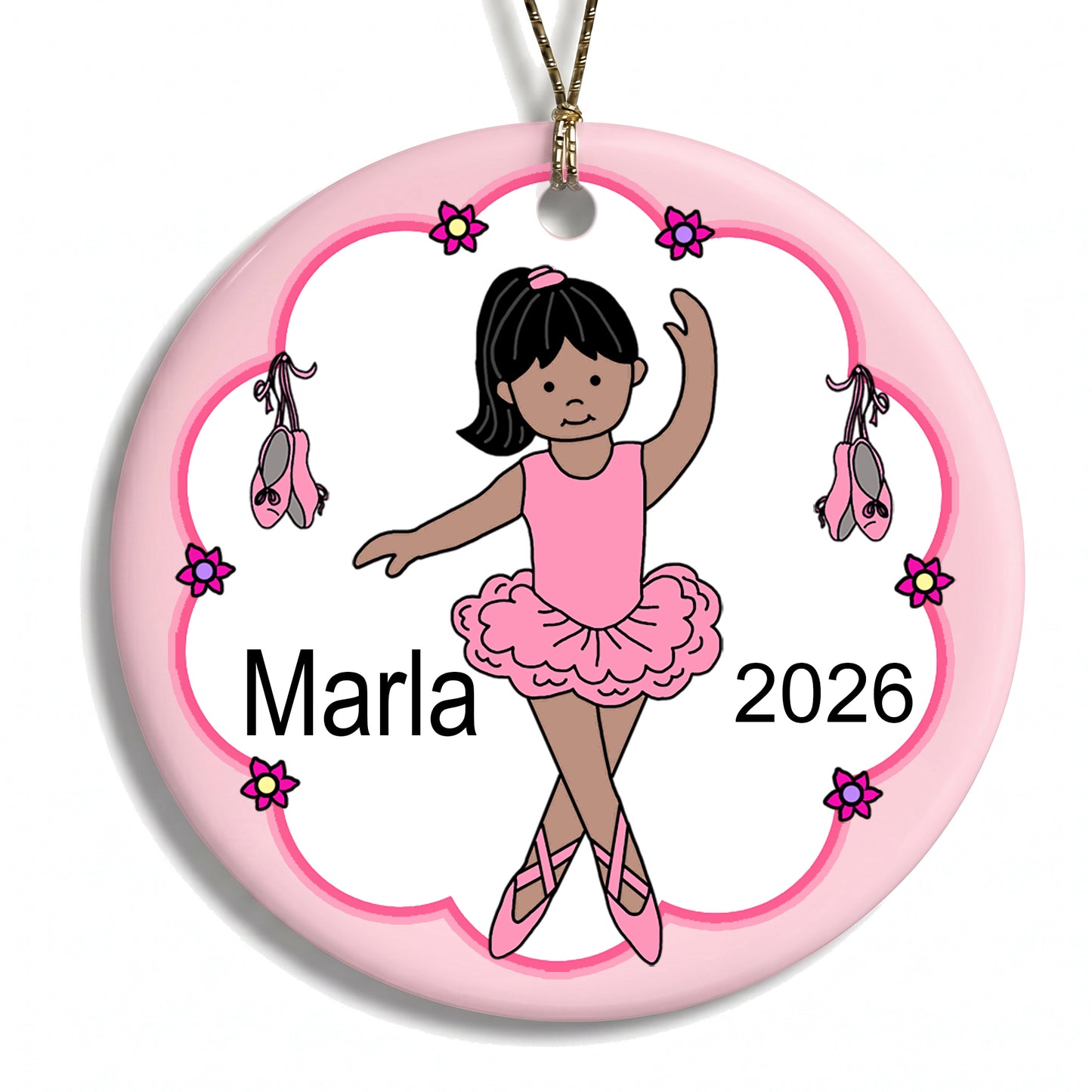 Ballet or Dance Christmas Ornament - Ballerina Design - Medium skin with straight black hair