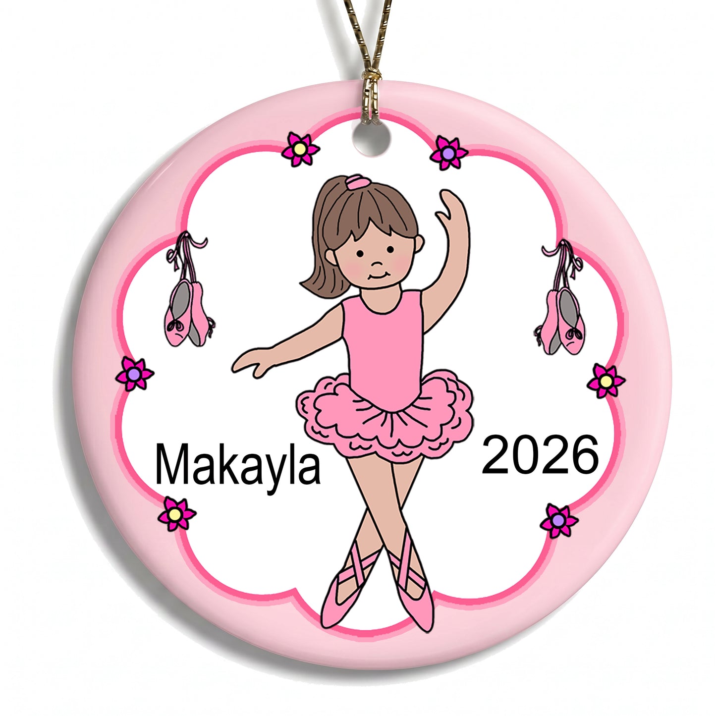 Ballet or Dance Christmas Ornament - Ballerina Design - Brown Hair w/Fair Skin