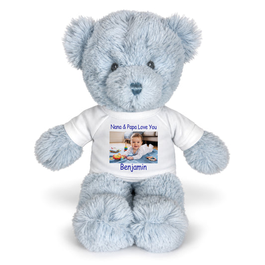 Personalized Teddy Bear for Baby Boy- 12" Blue Baby Bear with Photo and/or Text - White Shirt