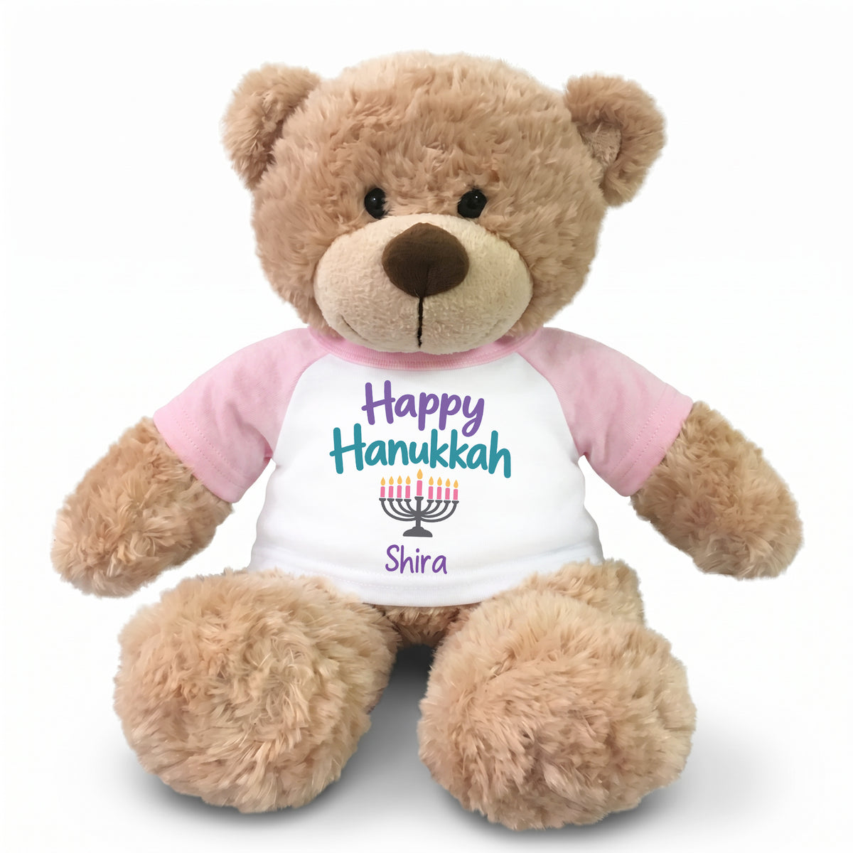 Hanukkah Teddy Bear - Personalized 13" Bonny Bear - Happy Hanukkah Design - pink shirt with pastel design