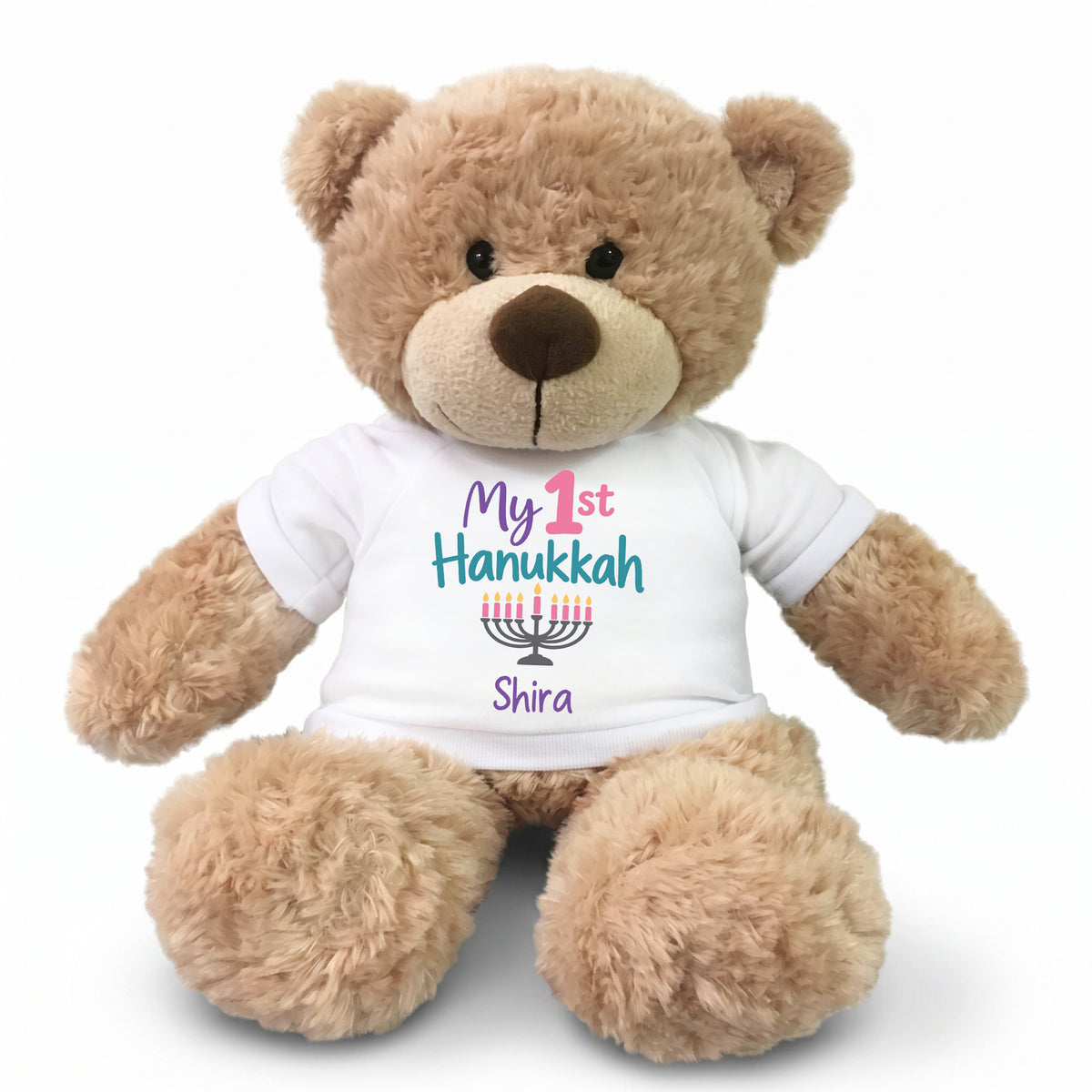 Hanukkah Teddy Bear - Personalized 13" Bonny Bear - My First Hanukkah Design - white with pastel design