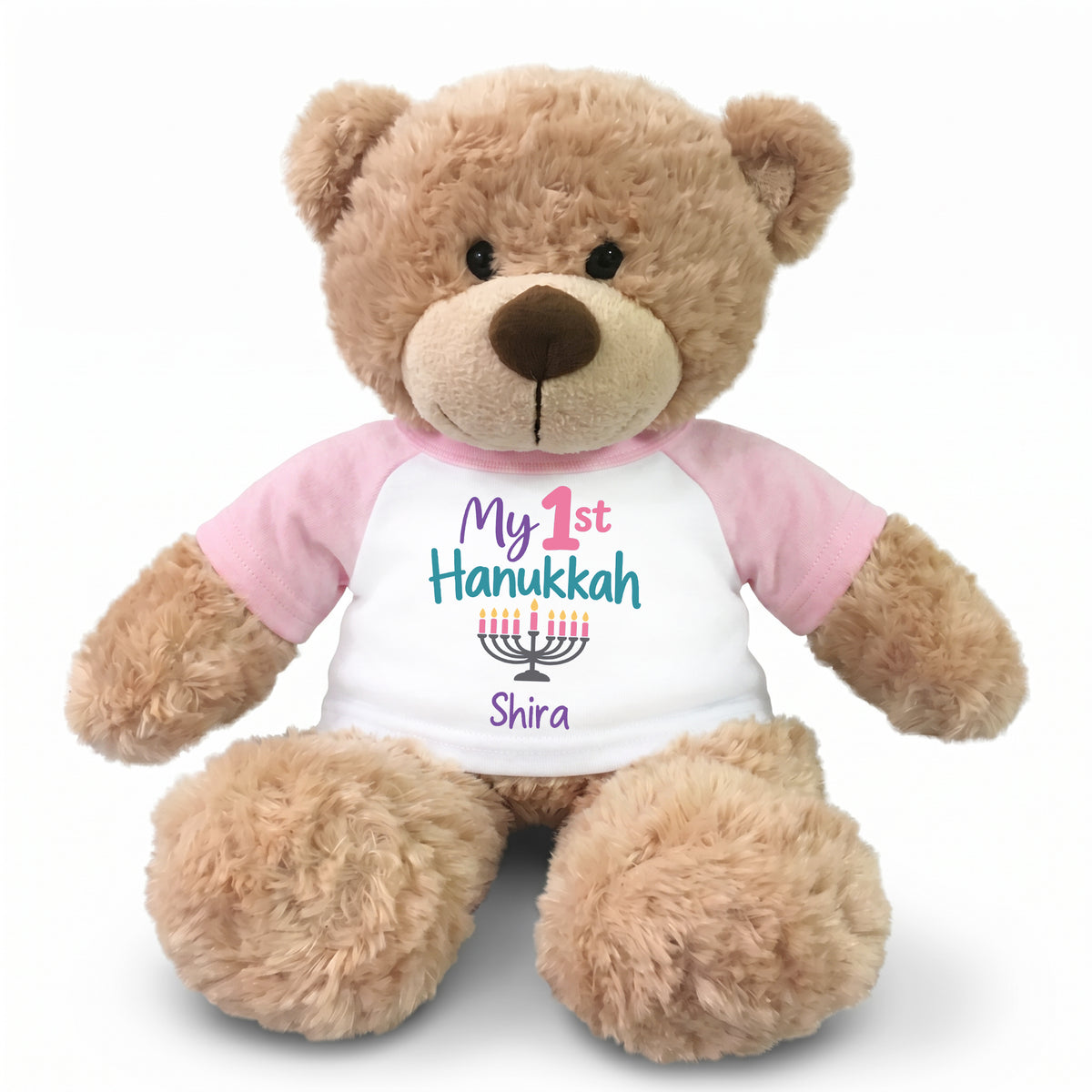 Hanukkah Teddy Bear - Personalized 13" Bonny Bear - My First Hanukkah Design - pink with pastel design