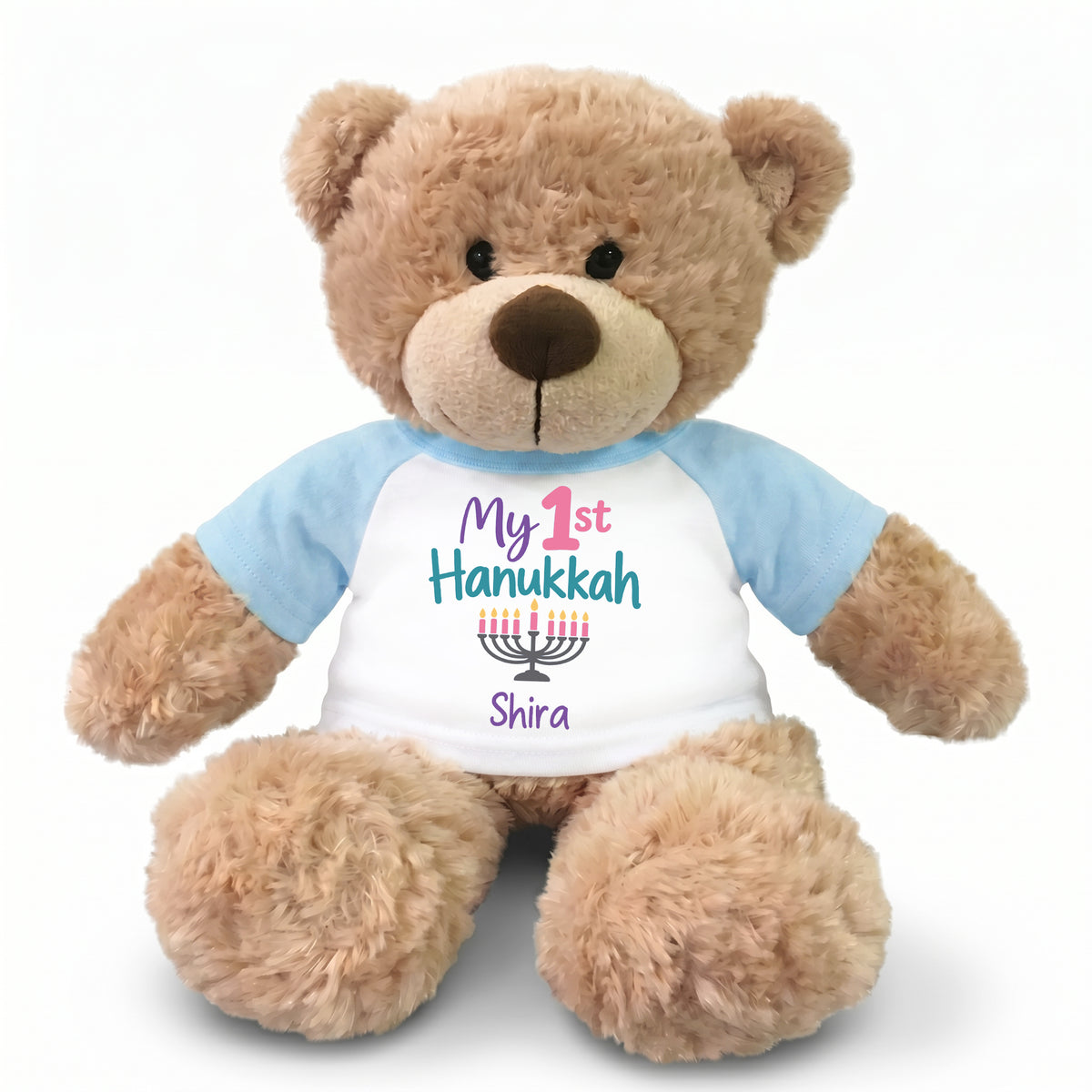 Hanukkah Teddy Bear - Personalized 13" Bonny Bear - My First Hanukkah Design - light blue with pastel design