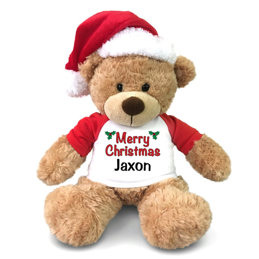 Personalized Christmas Teddy Bear - 13" Tan Bonny Bear with Santa Hat