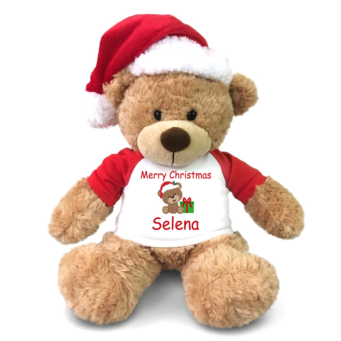Personalized Christmas Teddy Bear - 13" Tan Bonny Bear with Santa Hat - Xmas Bear Design