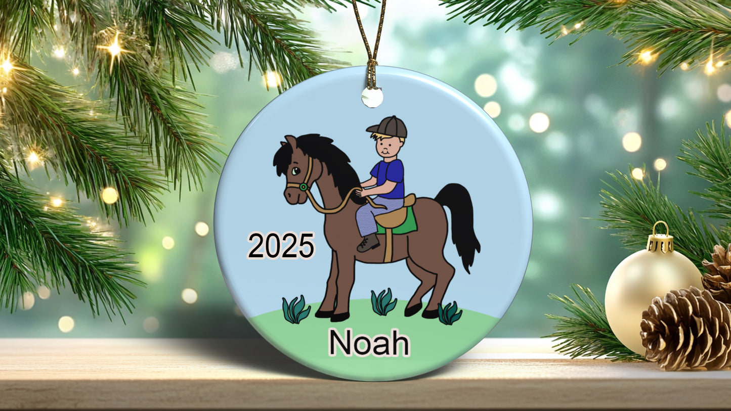 Boy on Horse Personalized Christmas Ornament - Blonde Hair