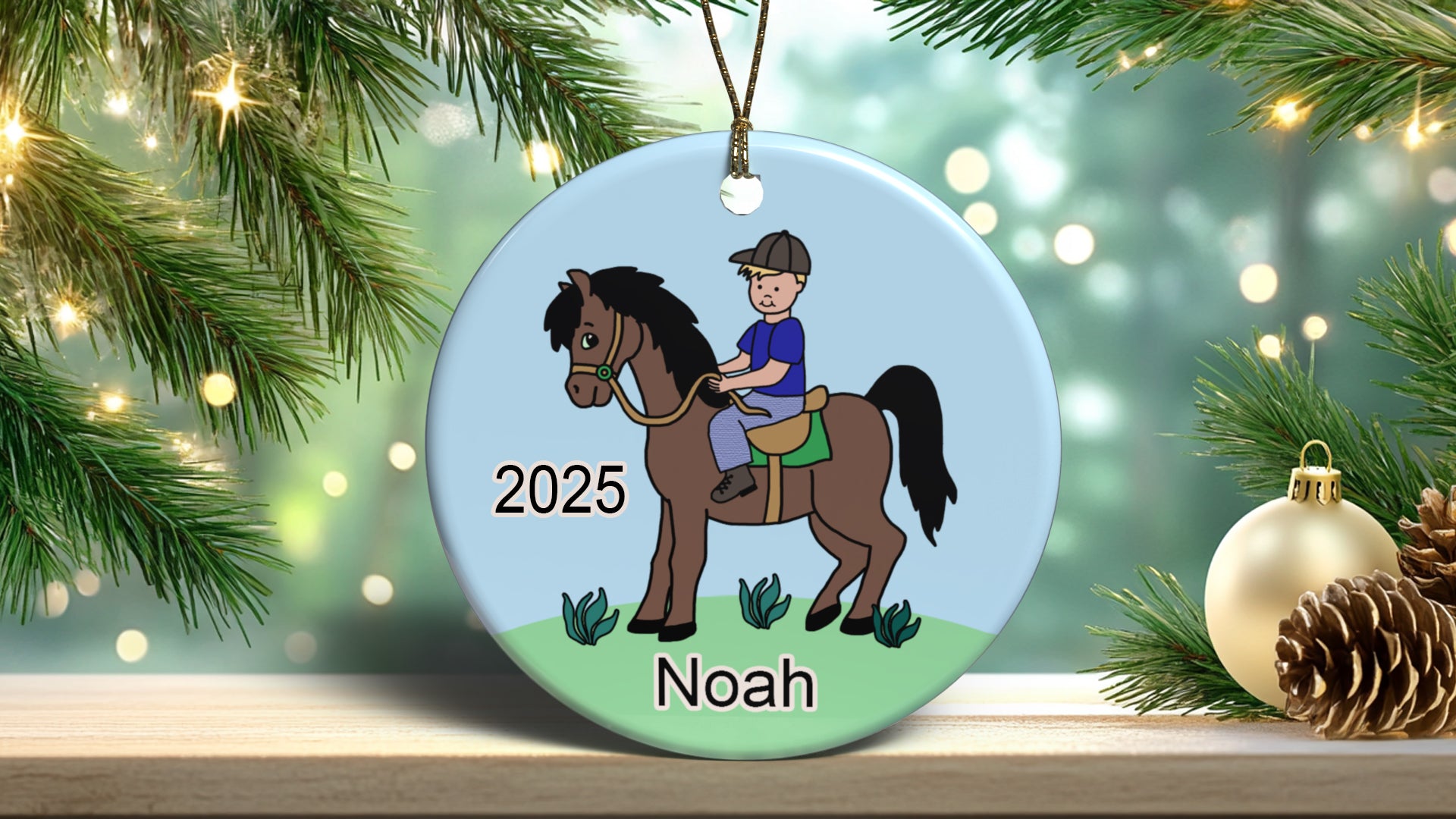 Boy on Horse Personalized Christmas Ornament - Blonde Hair