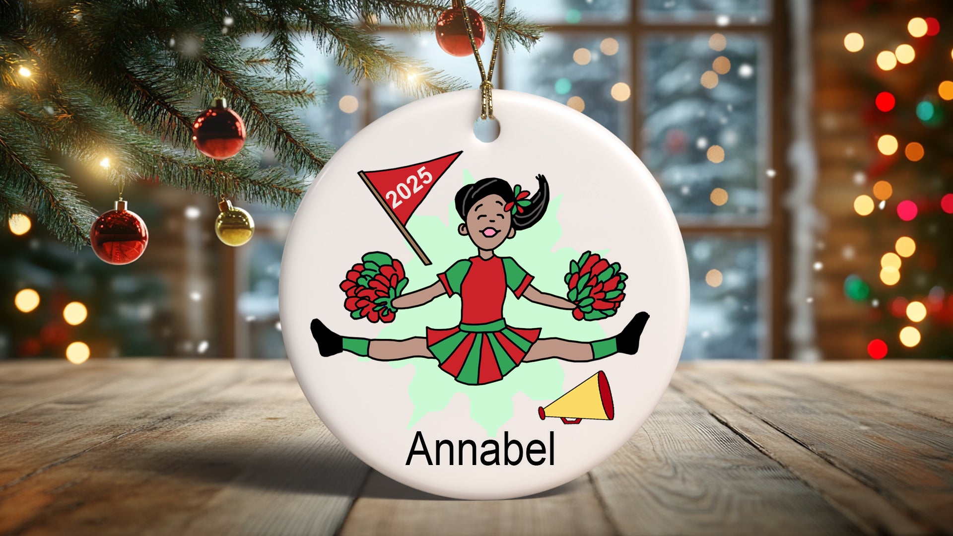 Cheerleader Personalized Christmas Ornament - Black, African American Girl