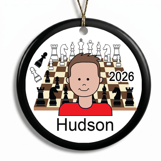 Chess Boy Personalized Christmas Ornament - Brown Hair