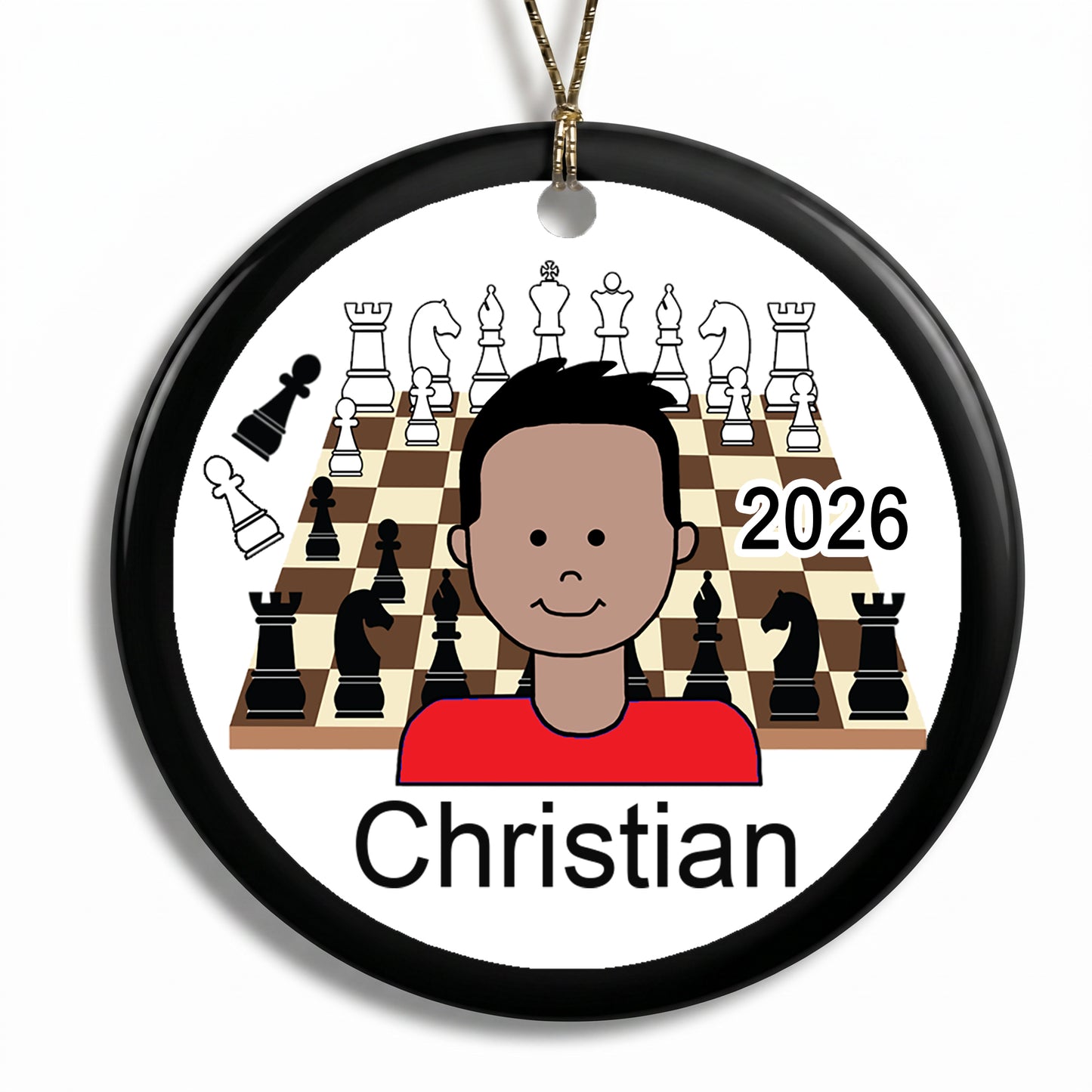 Chess Boy Personalized Christmas Ornament  - Medium Skin with Black Hair