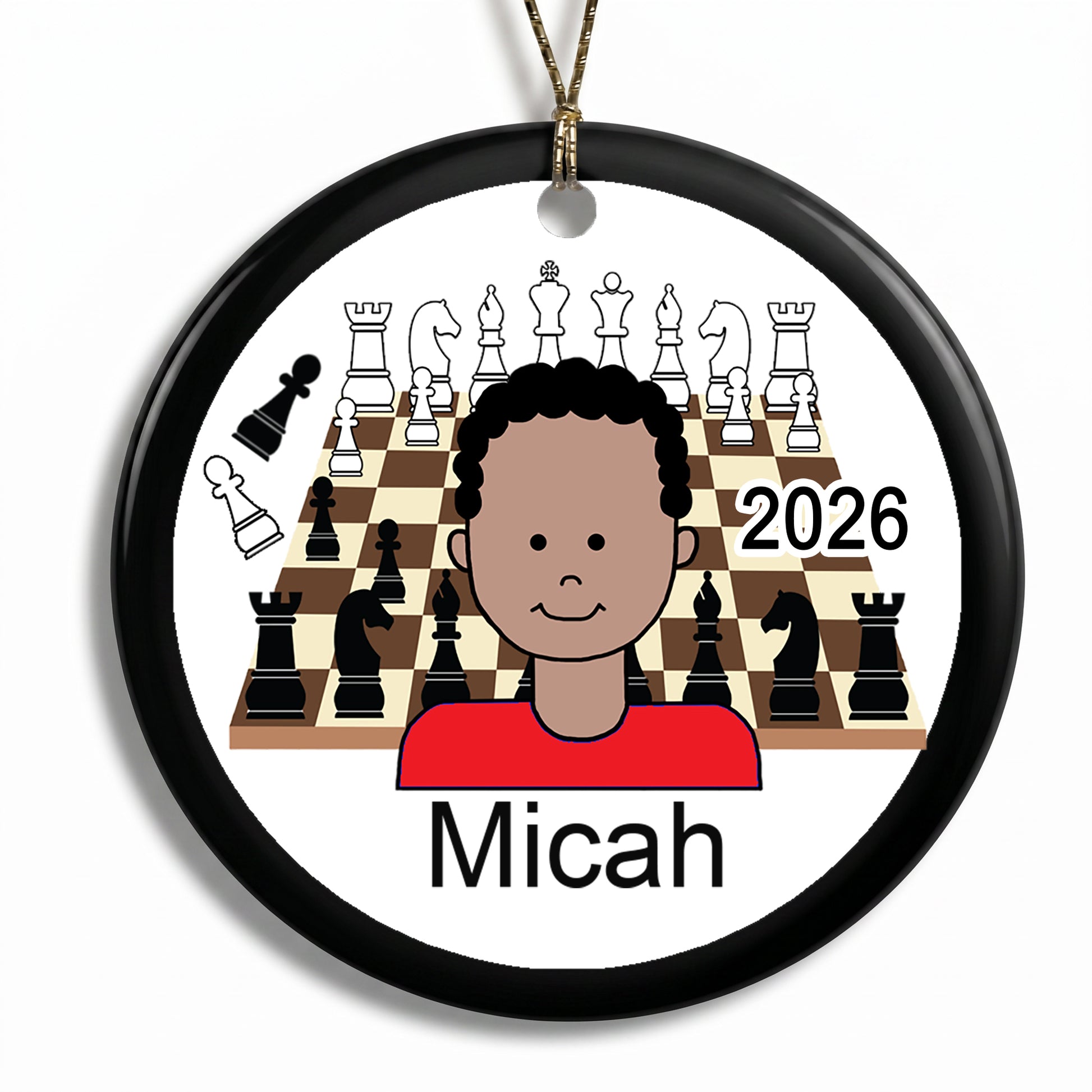Chess Boy Personalized Christmas Ornament - Black / African American with Medium Skin
