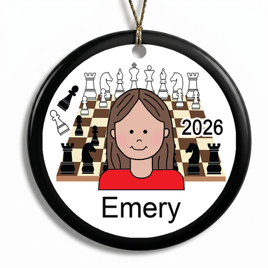 Chess Girl Personalized Christmas Ornament - Brown Hair