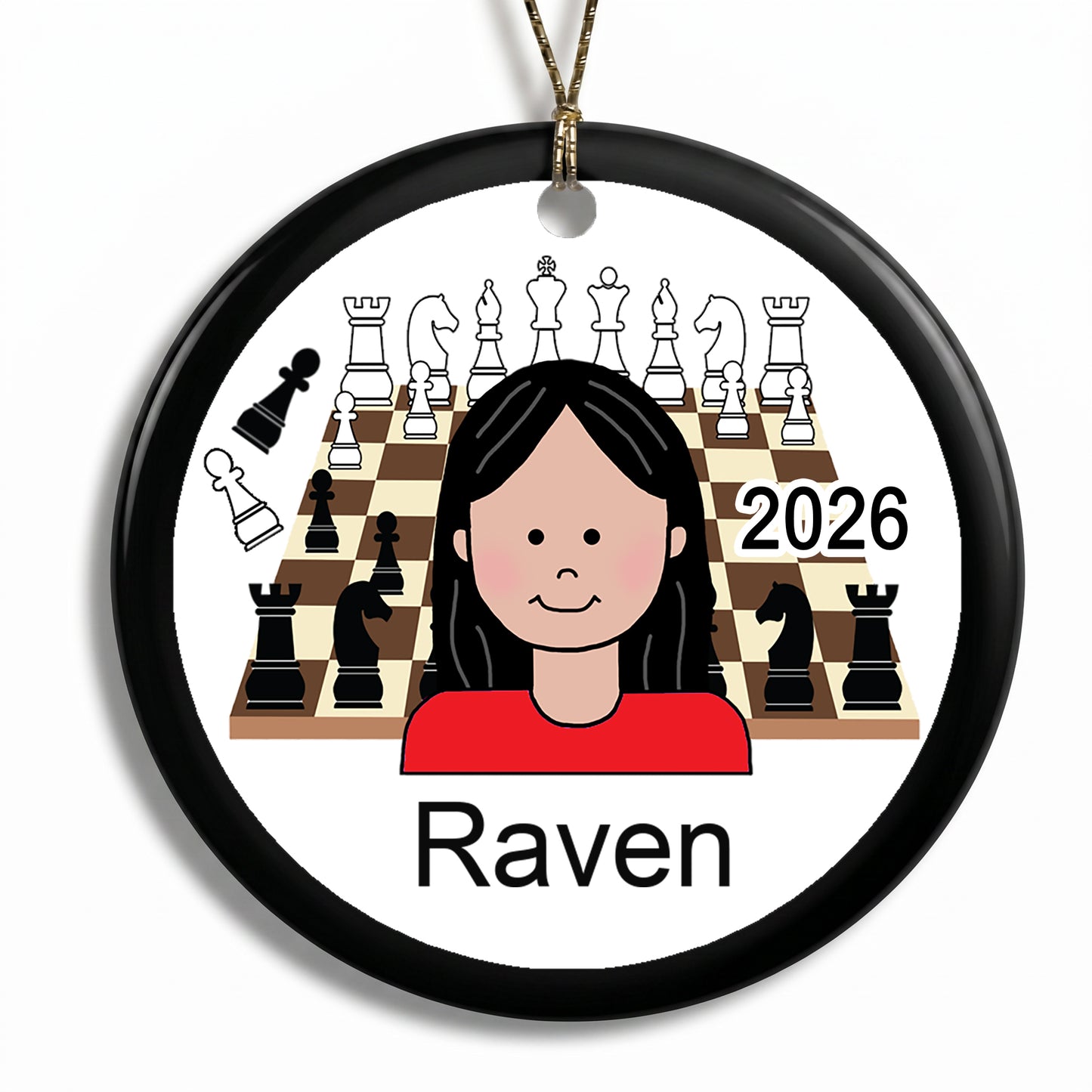 Chess Girl Personalized Christmas Ornament - Black Hair