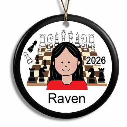 Chess Girl Personalized Christmas Ornament - Black Hair