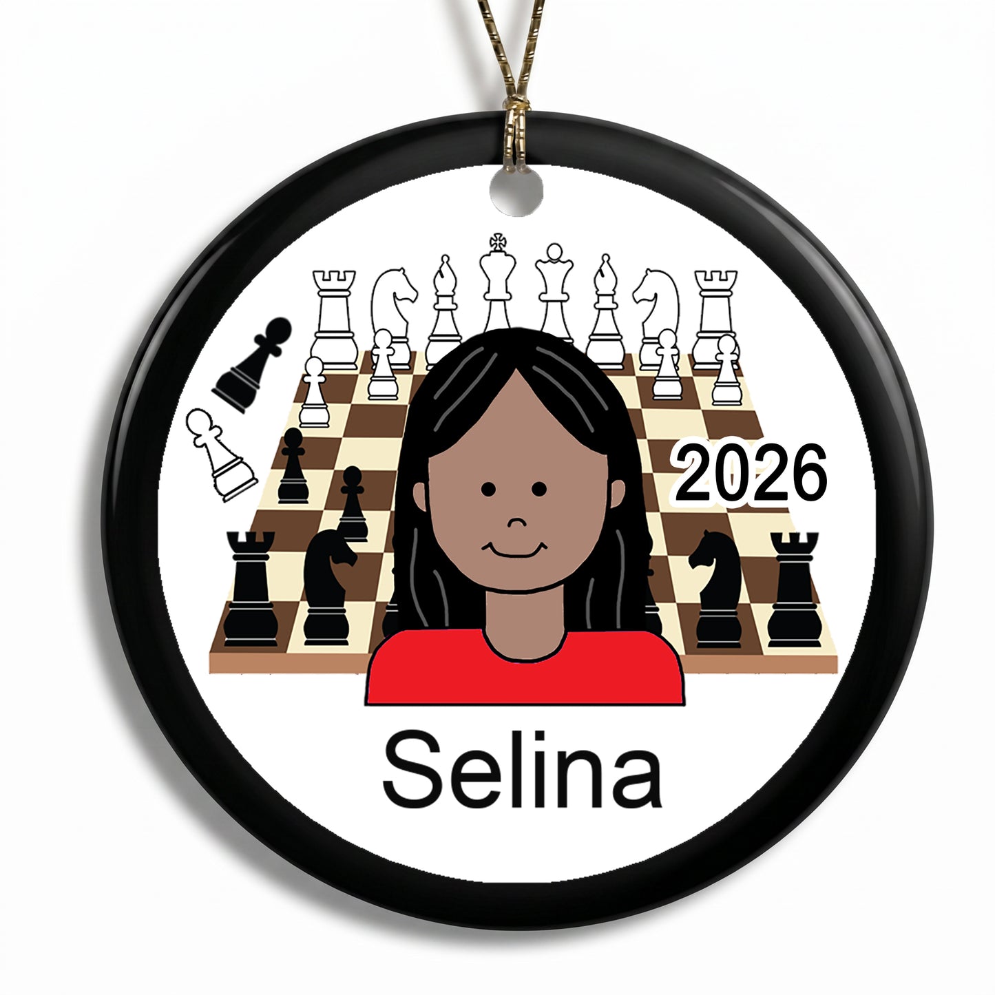 Chess Girl Personalized Christmas Ornament - Medium Skin and Black hair