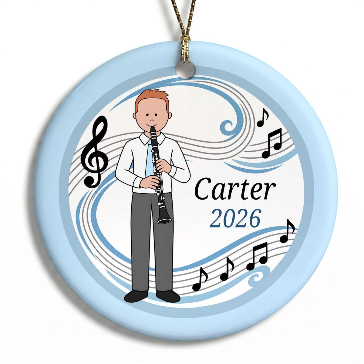 Clarinet Boy Personalized Christmas Ornament - C - Red Hair / Fair Skin, 
