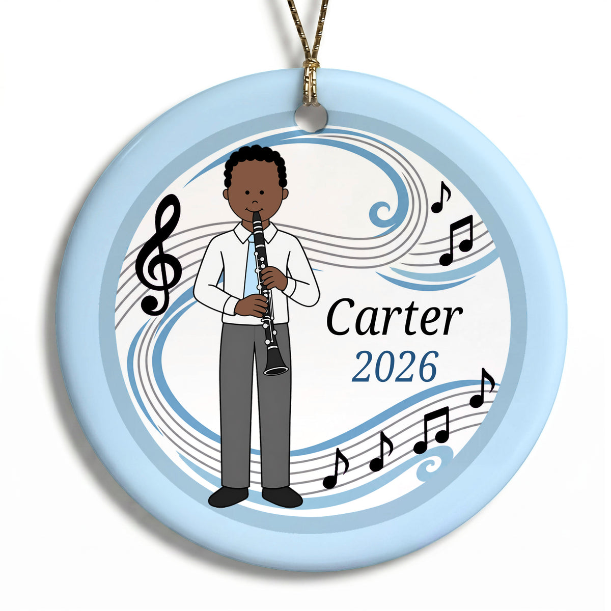 Clarinet Boy Personalized Christmas Ornament - G - Black Curly Hair/Dark Skin, 