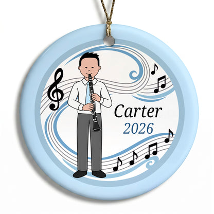 Clarinet Boy Personalized Christmas Ornament - H - Almond Eyes / Black Hair / Fair Skin, 