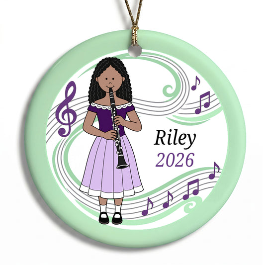 Clarinet Girl Personalized Christmas Ornament - F - Black Curly Hair/Medium Skin, 