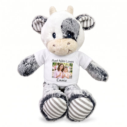 Personalized Stuffed Cow -  12 inch Coby Cow with Photo and/or Text - White Shirt