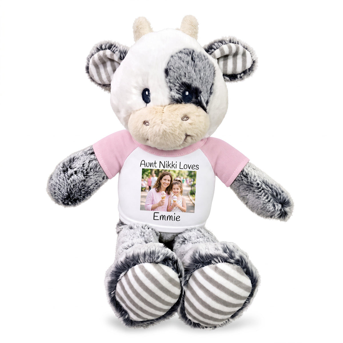 Personalized Stuffed Cow -  12 inch Coby Cow with Photo and/or Text - Pink Shirt