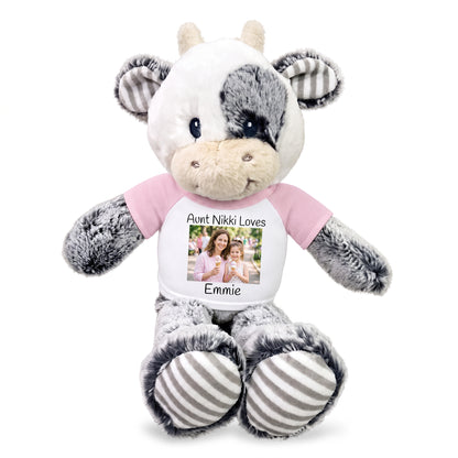 Personalized Stuffed Cow -  12 inch Coby Cow with Photo and/or Text - Pink Shirt