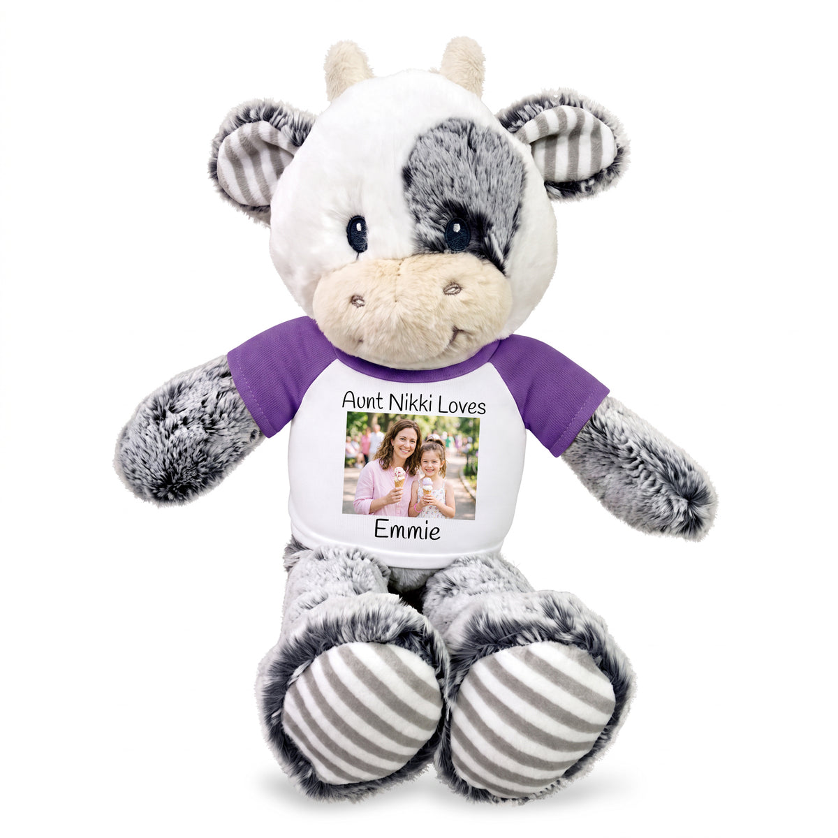 Personalized Stuffed Cow -  12 inch Coby Cow with Photo and/or Text - Purple Shirt