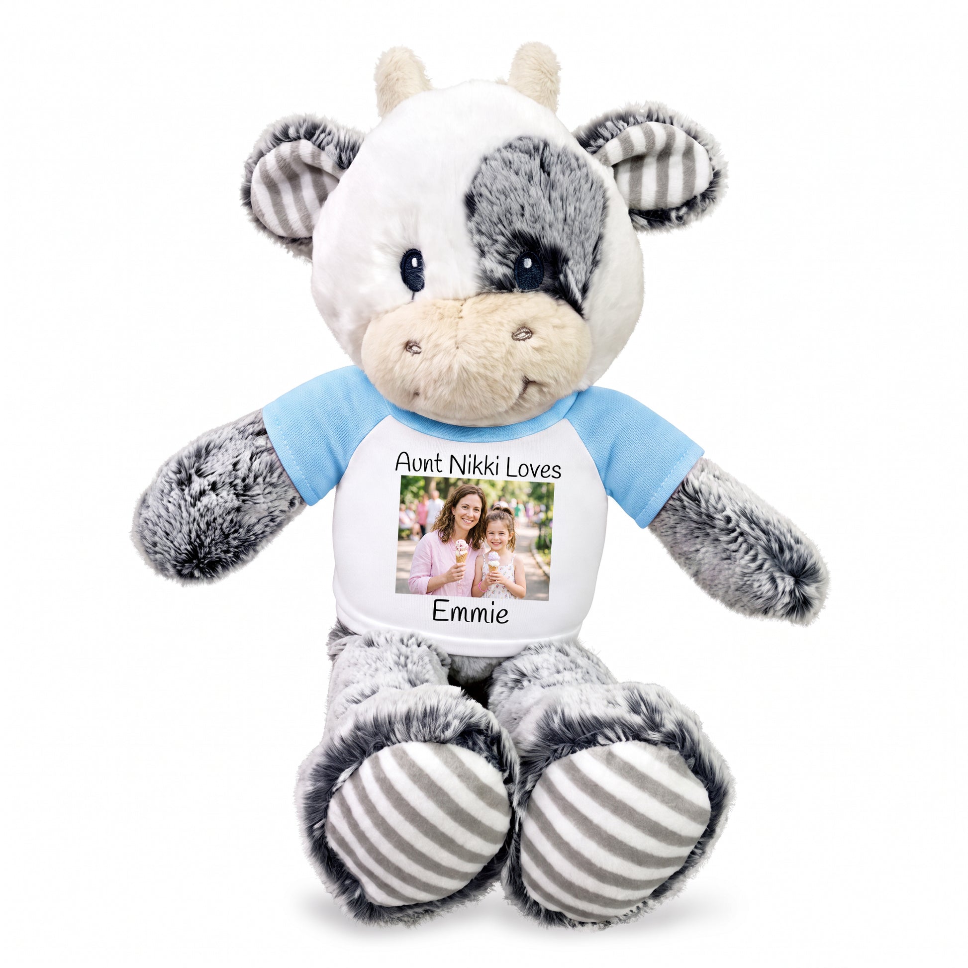 Personalized Stuffed Cow -  12 inch Coby Cow with Photo and/or Text - Light Blue Shirt