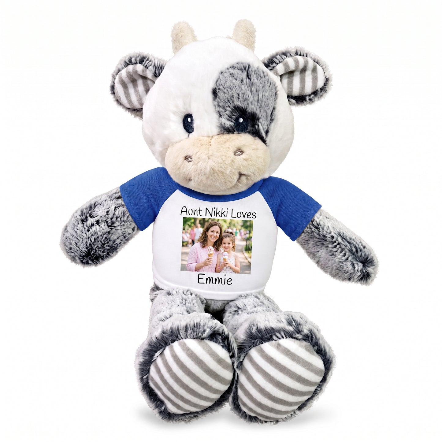 Personalized Stuffed Cow -  12 inch Coby Cow with Photo and/or Text - Royal Blue Shirt
