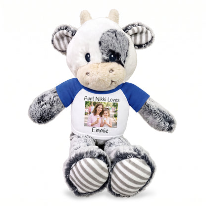Personalized Stuffed Cow -  12 inch Coby Cow with Photo and/or Text - Royal Blue Shirt