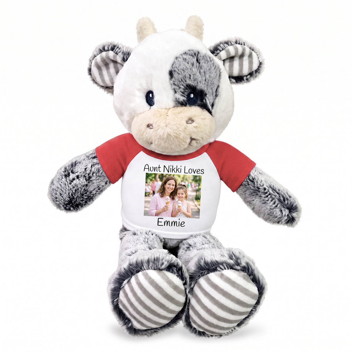 Personalized Stuffed Cow -  12 inch Coby Cow with Photo and/or Text - Red Shirt