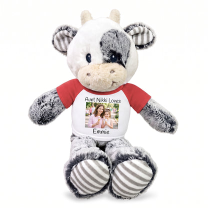 Personalized Stuffed Cow -  12 inch Coby Cow with Photo and/or Text - Red Shirt
