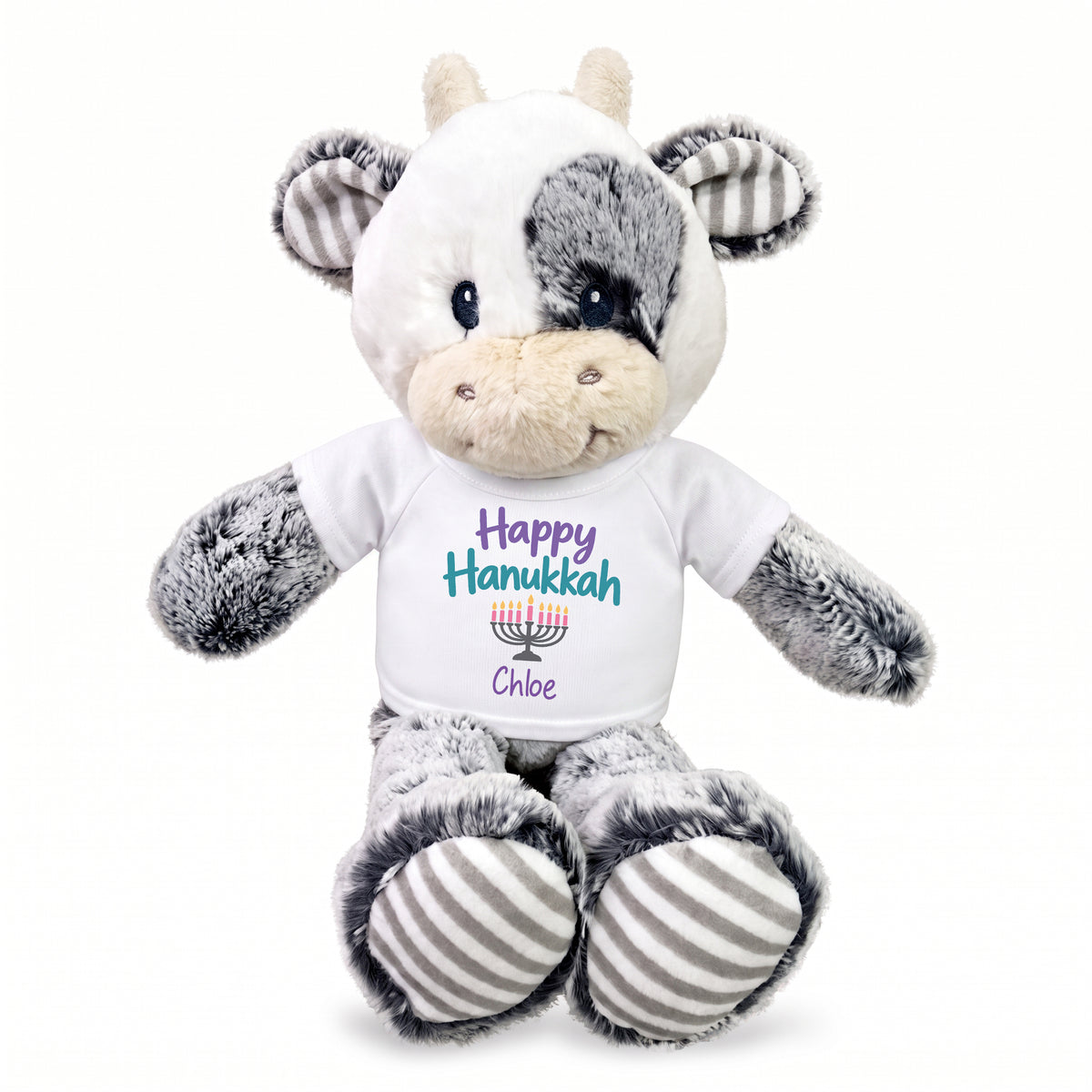 Personalized Hanukkah Stuffed Cow - 12 Inch Plush Coby Cow - Happy Hanukkah, White Shirt / Pastel Design