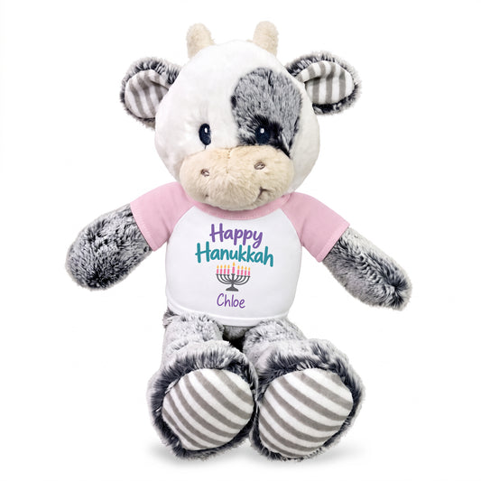 Personalized Hanukkah Stuffed Cow - 12 Inch Plush Coby Cow - Happy Hanukkah, Pink Shirt / Pastel Design