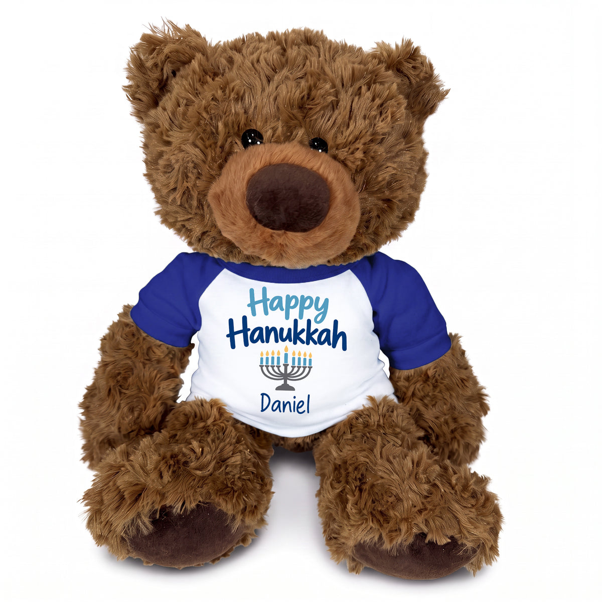 Hanukkah Teddy Bear - Personalized 13" Coco Bear - Happy Hanukkah Design - Royal blue shirt with blue design