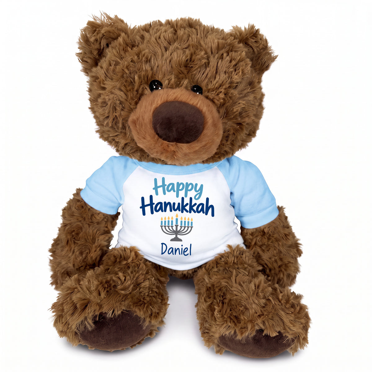 Hanukkah Teddy Bear - Personalized 13" Coco Bear - Happy Hanukkah Design - light blue shirt with blue design