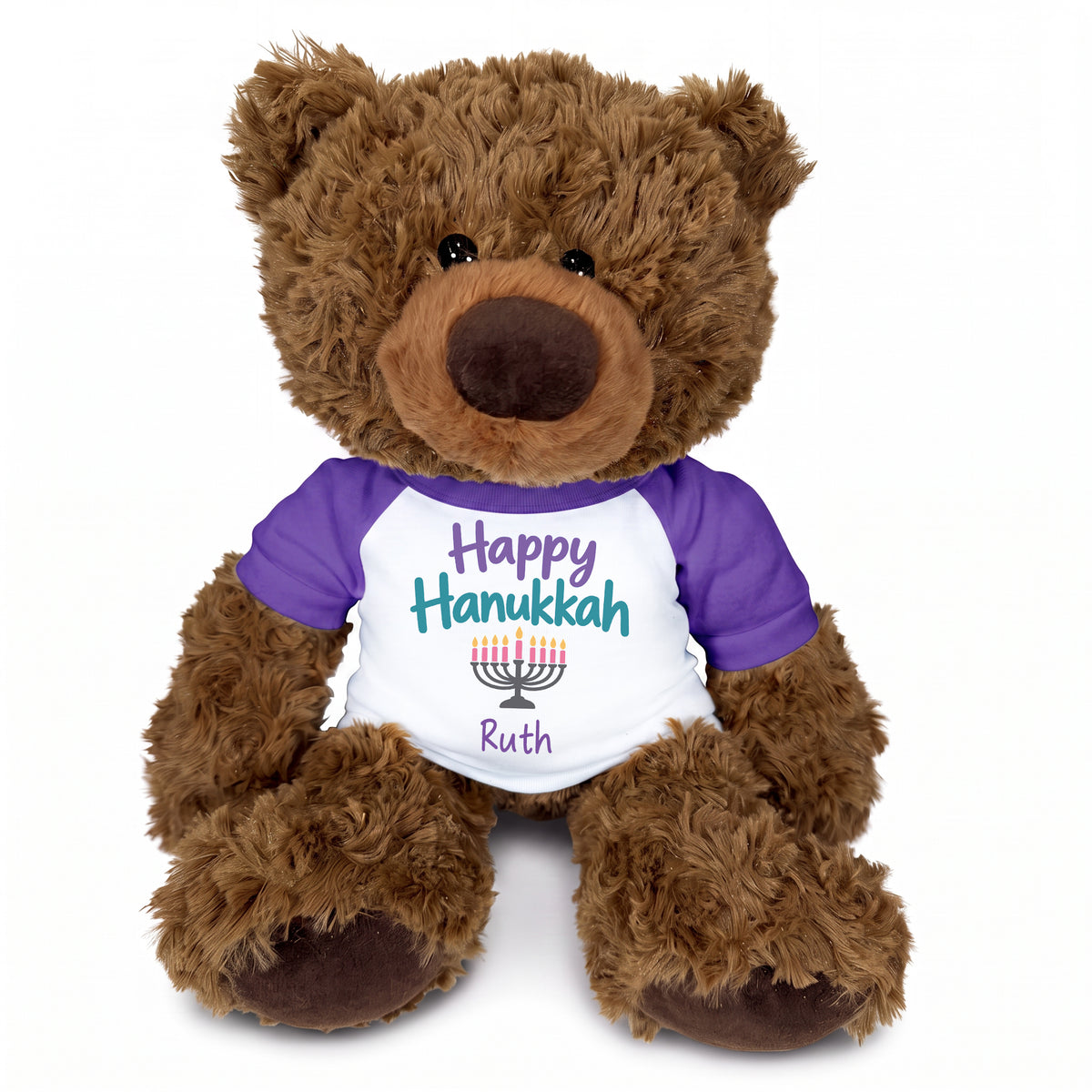 Hanukkah Teddy Bear - Personalized 13" Coco Bear - Happy Hanukkah Design - purple shirt with pastel design