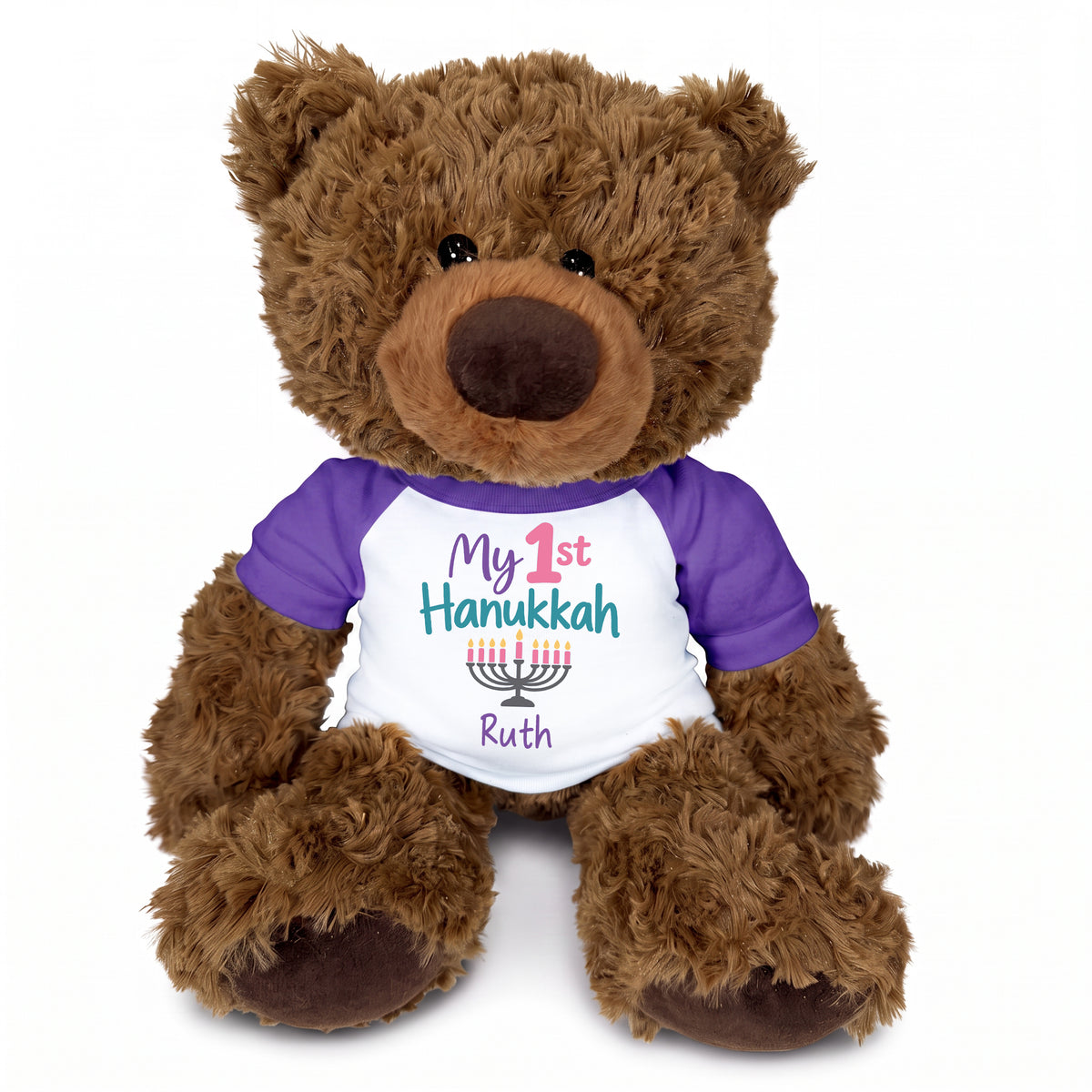 Hanukkah Teddy Bear - Personalized 13" Coco Bear - My First Hanukkah Design - purple shirt with pastel design