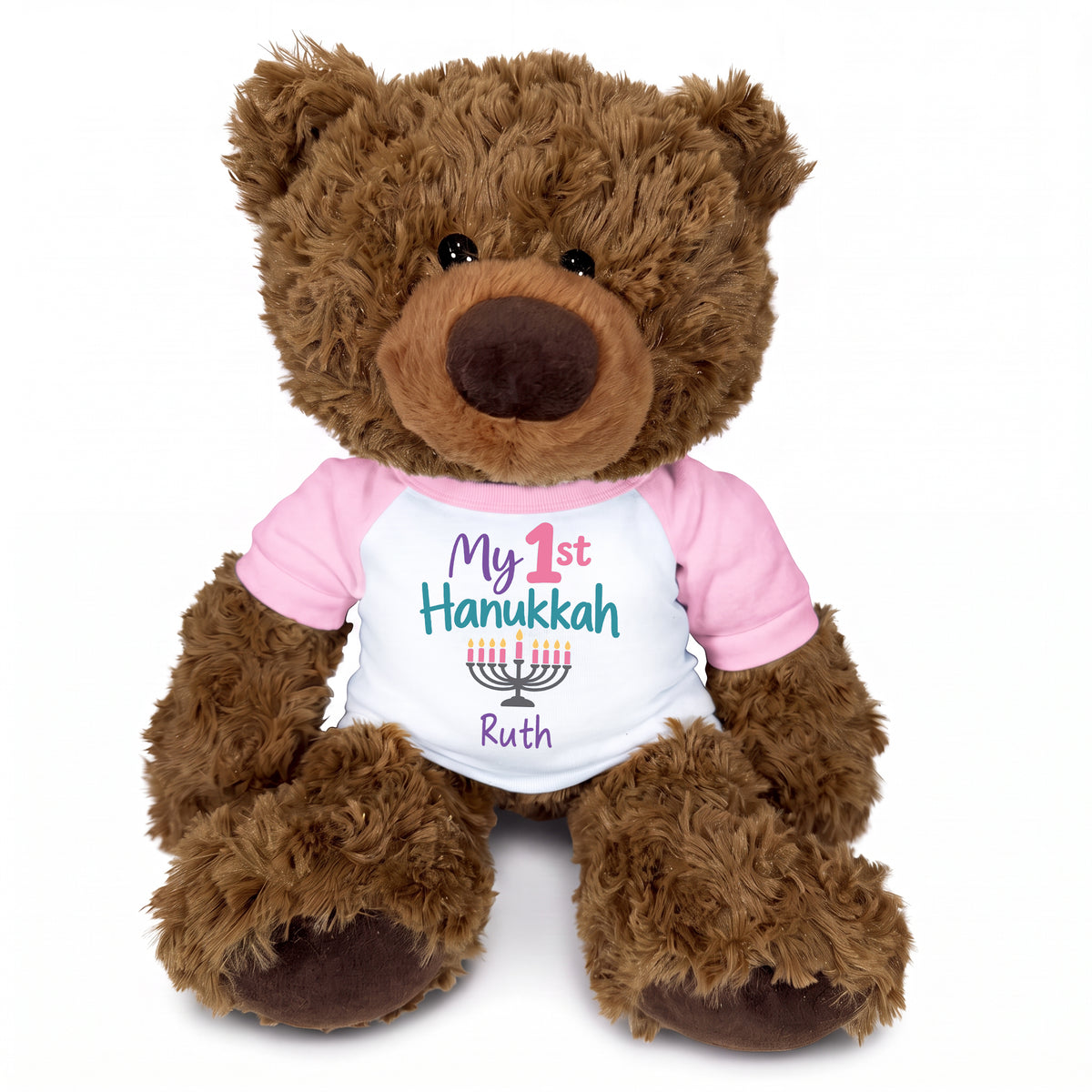 Hanukkah Teddy Bear - Personalized 13" Coco Bear - My First Hanukkah Design - pink shirt with pastel design