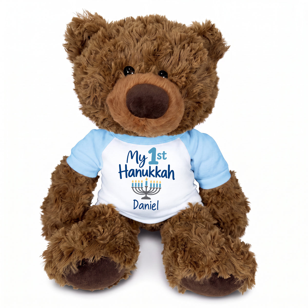 Hanukkah Teddy Bear - Personalized 13" Coco Bear - My First Hanukkah Design - light blue shirt with blue design