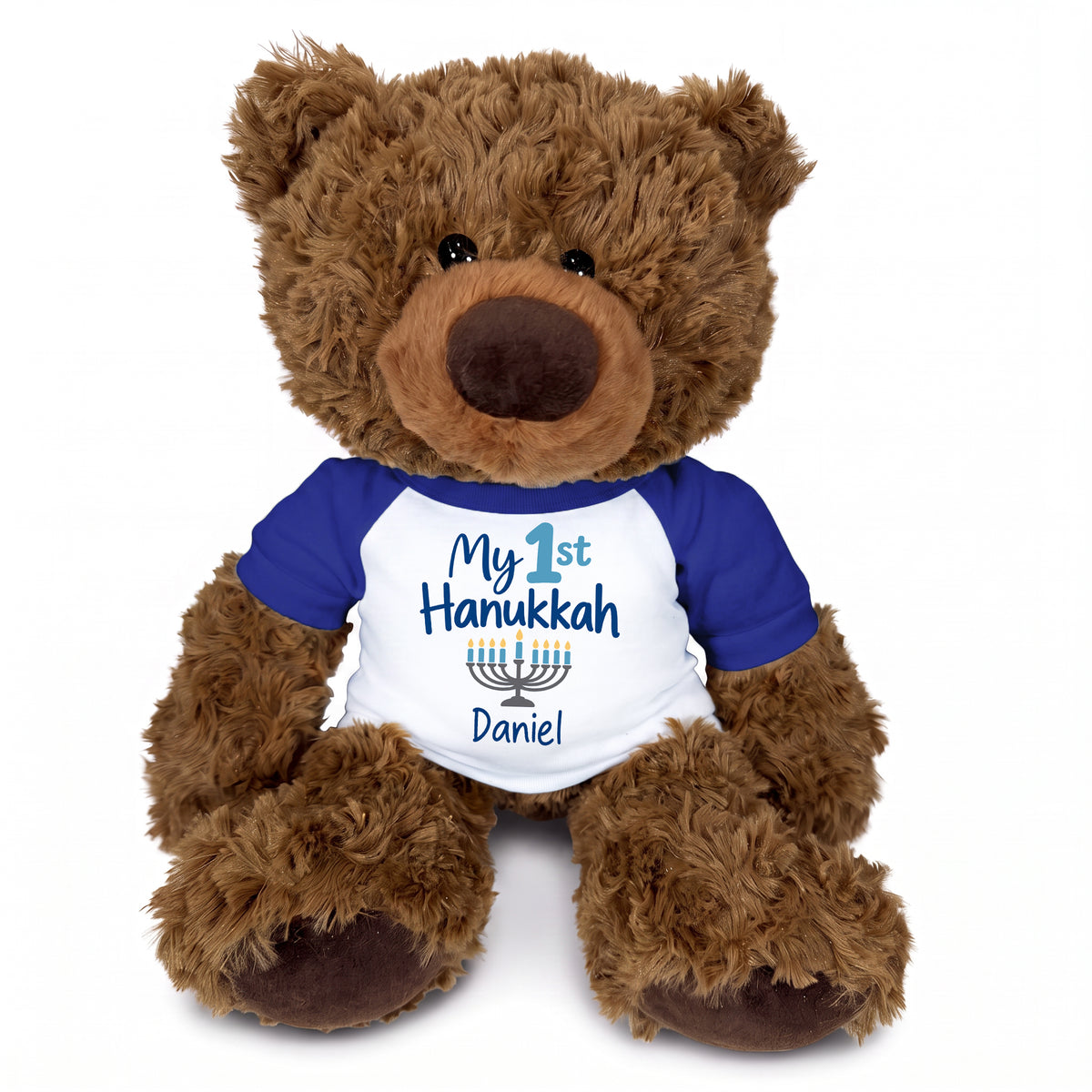 Hanukkah Teddy Bear - Personalized 13" Coco Bear - My First Hanukkah Design - royal blue shirt with blue design