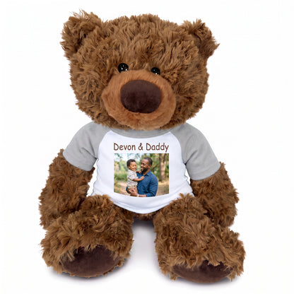 Personalized Teddy Bear - 13 inch Coco Bear with Photo and/or Text - Grey Shirt