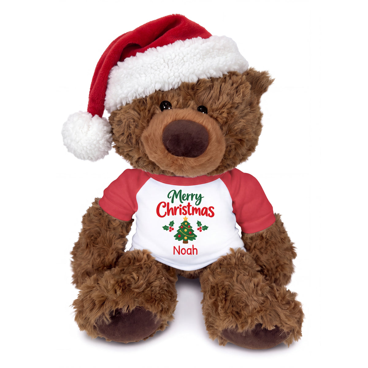 Personalized Christmas Teddy Bear - 13 Inch Coco Bear - shown with optional Santa Hat