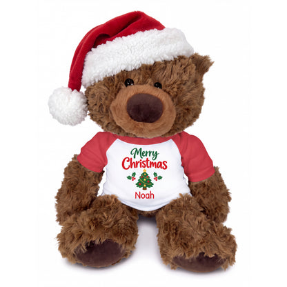 Personalized Christmas Teddy Bear - 13 Inch Coco Bear - shown with optional Santa Hat