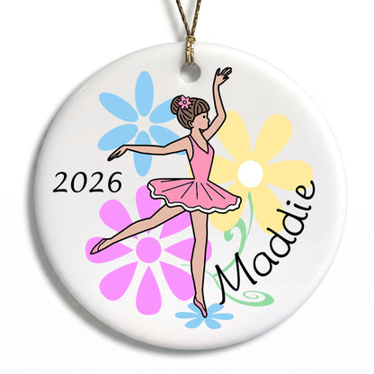 Ballet or Dance Christmas Ornament - Dainty Floral Ballerina - Brown Hair