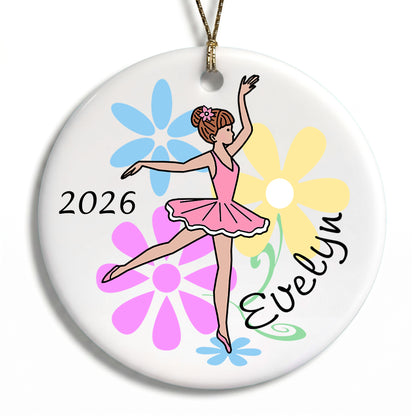 Ballet or Dance Christmas Ornament - Dainty Floral Ballerina - Red Hair