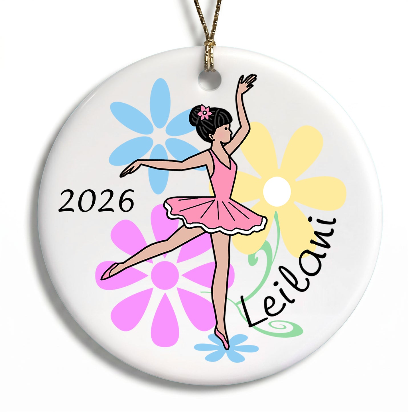 Ballet or Dance Christmas Ornament - Dainty Floral Ballerina - Black Hair