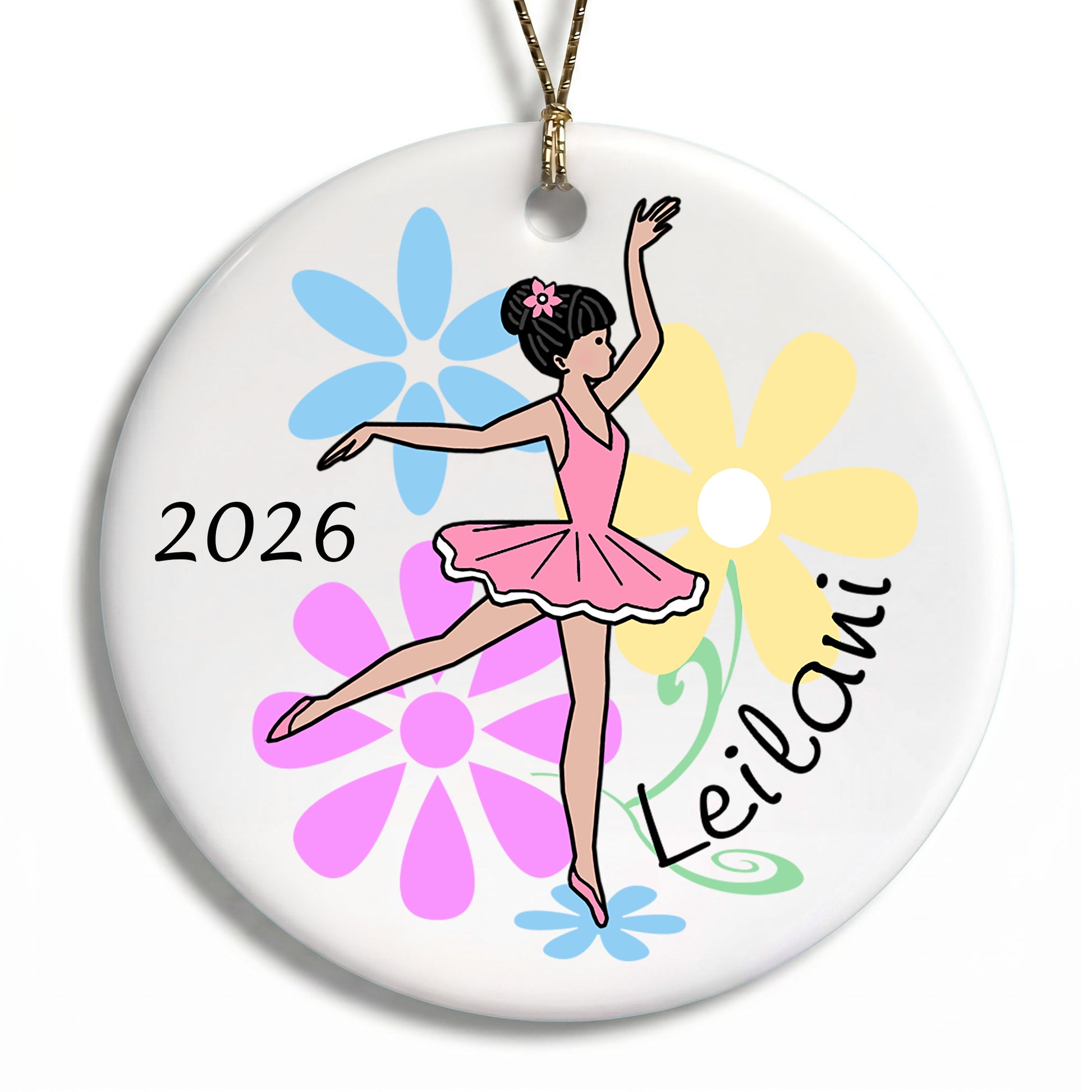 Ballet or Dance Christmas Ornament - Dainty Floral Ballerina - Black Hair
